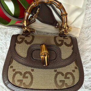 GUCCI Monogram Jumbo GG Textured Dollar Calfskin Web Mini Bamboo 1947 Top Handle